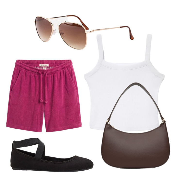 Outfit donna - Luglio. Stile Sporty chic per Tutti i giorni. Abbinamento con shorts, occhiali da sole, ballerine, canottiere, borse a tracolla.