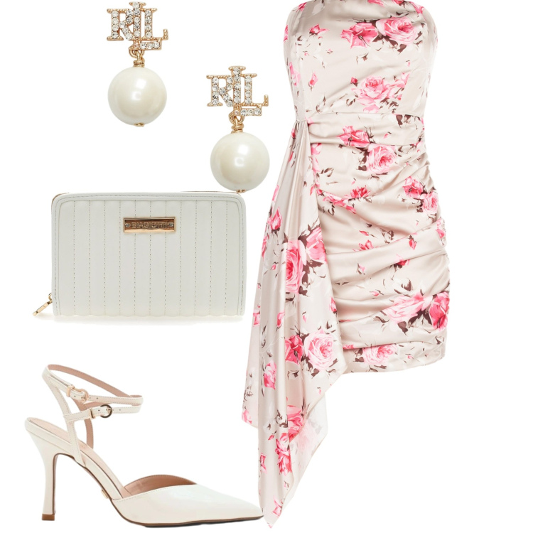 Outfit donna - Eleganza estiva rinascimento. Stile Romantica per Cerimonia. Abbinamento con orecchini, vestiti corti, décolleté, portafogli.
