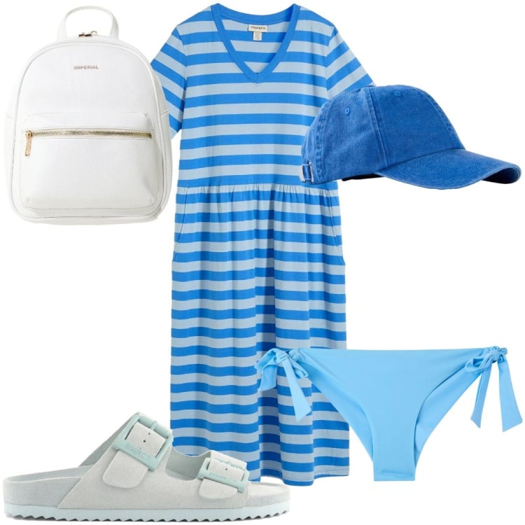 Outfit donna - Abiti fluidi d’estate - a righe. Stile Trendy per Mare. Abbinamento con vestiti, cappelli con visiera, bikini, zaini, sandali in pelle.