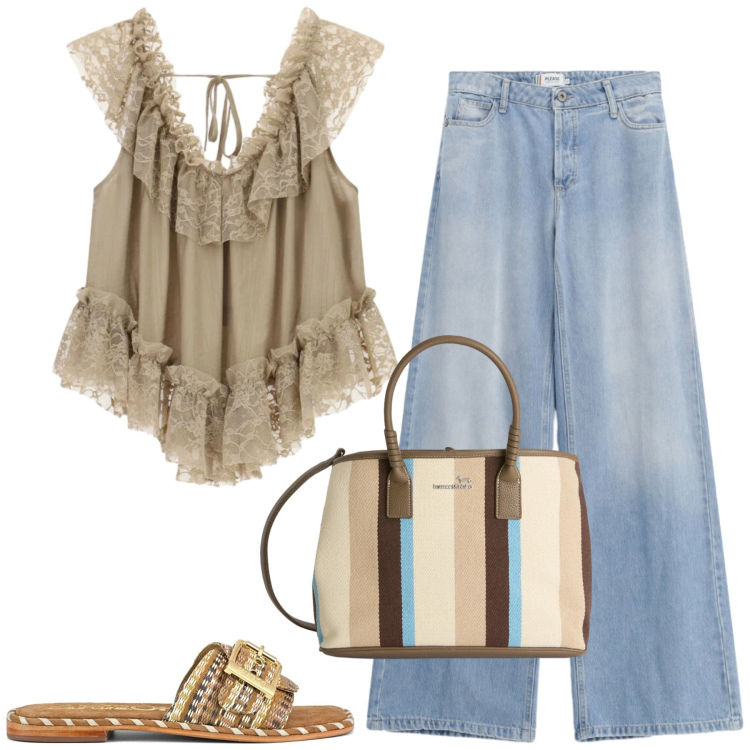 Outfit donna - Please. Stile Casual per Tutti i giorni. Abbinamento con shopping bag, jeans, top, ciabatte.