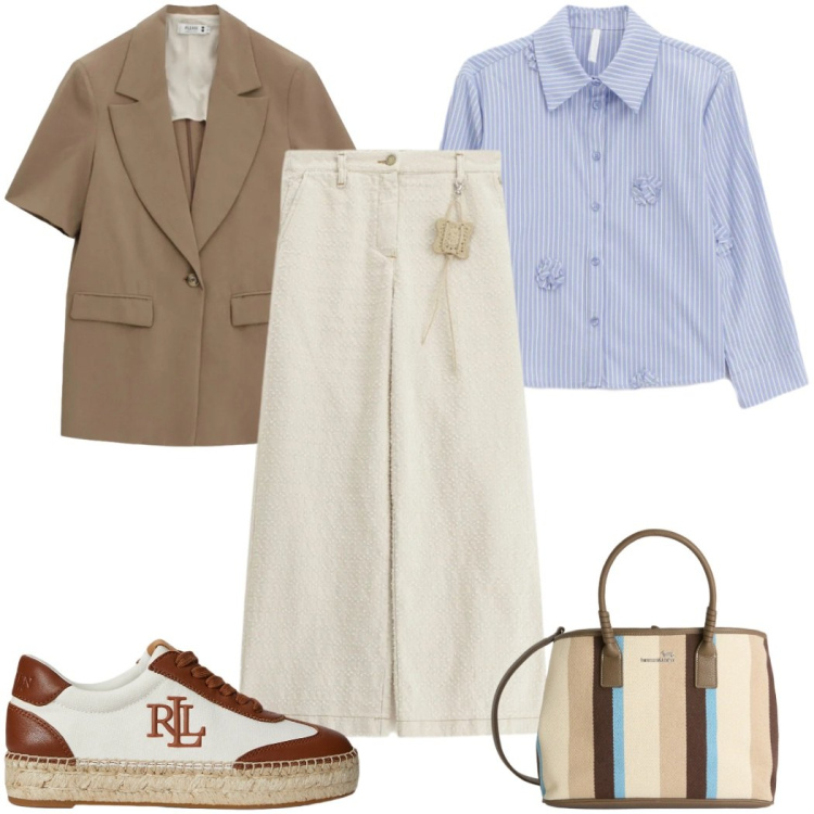 Outfit donna - Lino e leggerezza -in ufficio. Stile Trendy per Ufficio. Abbinamento con camicie, pantaloni a palazzo, blazer, shopping bag, sneakers.
