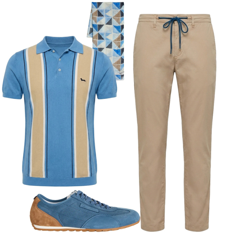 Outfit uomo - City. Stile Casual per Tutti i giorni. Abbinamento con sneakers, polo, sciarpe, pantaloni.
