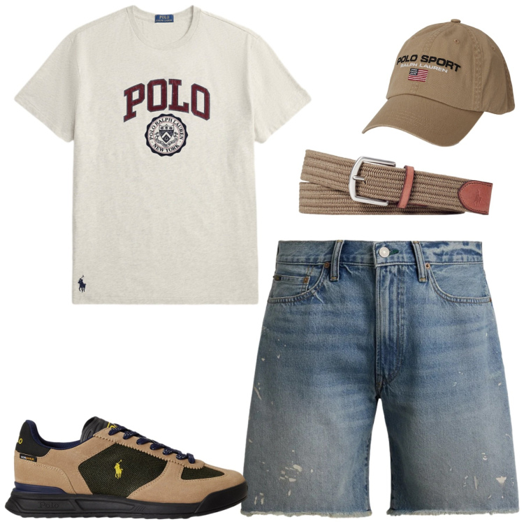 Outfit uomo - Luglio. Stile Casual per Tutti i giorni. Abbinamento con cinture, cappelli, sneakers, shorts, t-shirt.