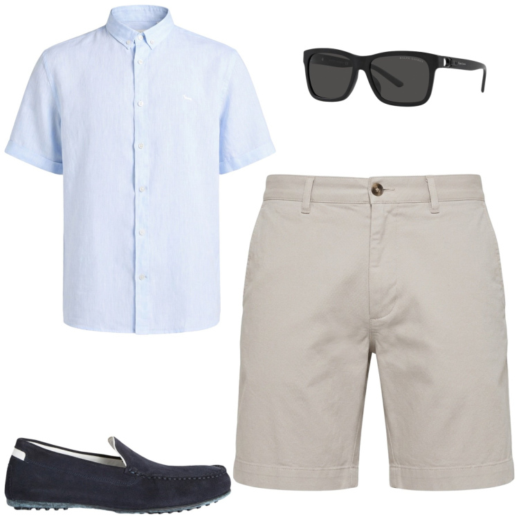 Outfit uomo - City. Stile Casual per Tutti i giorni. Abbinamento con scarpe stringate, bermuda, camicie a manica corta, occhiali da sole.