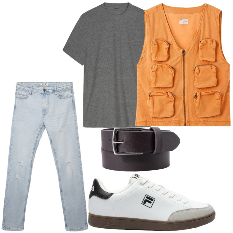 Outfit uomo - Stile dinamico. Stile Casual per Tutti i giorni. Abbinamento con sneakers, jeans strappati, gilet, t-shirt, cinture.