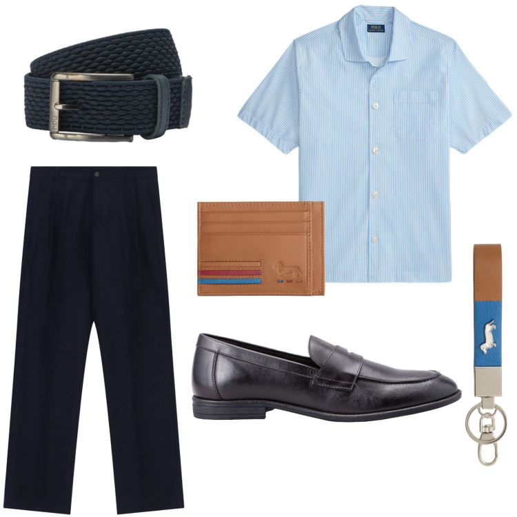 Outfit uomo - Ricercata semplicità. Stile Trendy per Ufficio. Abbinamento con portachiavi, portafogli, cinture, camicie a manica corta, scarpe stringate, pantaloni.