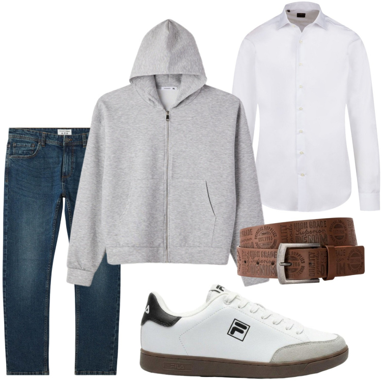 Outfit uomo - Look rilassato. Stile Casual per Tutti i giorni. Abbinamento con cinture, sneakers, jeans, felpe con cappuccio, camicie.