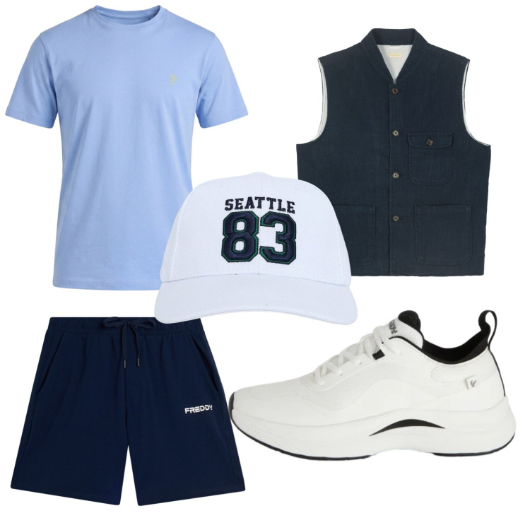 Outfit uomo - Dettagli distintivi. Stile Trendy per Tutti i giorni. Abbinamento con t-shirt, cappelli, sneakers, pantaloni corti, gilet.