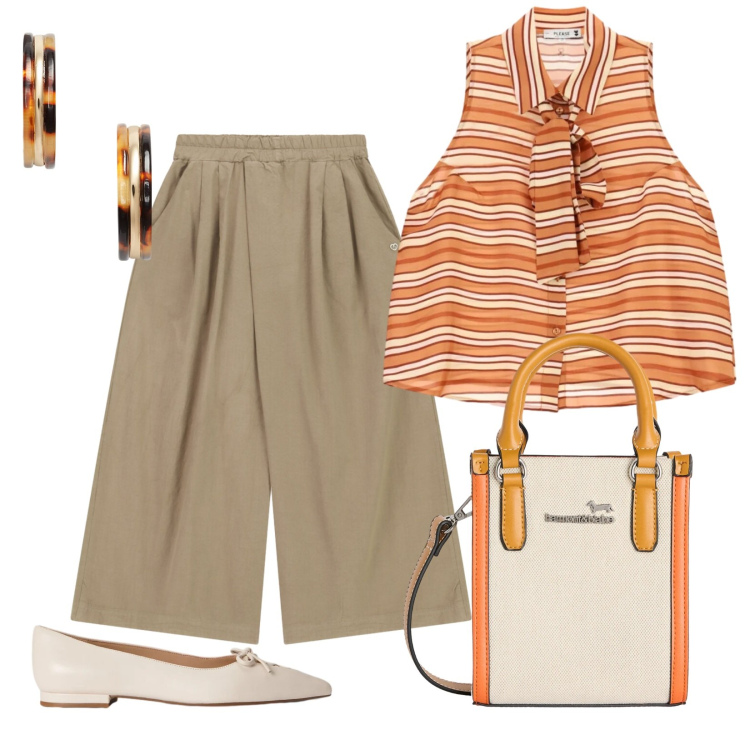 Outfit donna - Curcuma e cannella. Stile Bon Ton per Ufficio. Abbinamento con borse tote, orecchini, ballerine, pantaloni a palazzo, camicie.