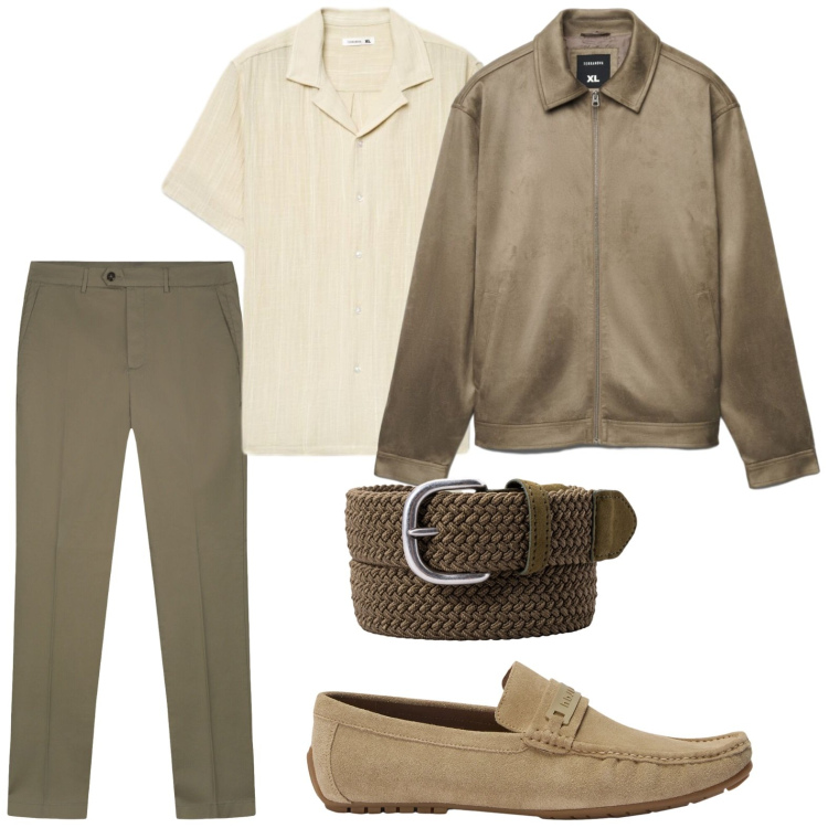 Outfit uomo - Tonalità naturali. Stile Trendy per Ufficio. Abbinamento con scarpe stringate, giacche, camicie a manica corta, cinture, pantaloni.