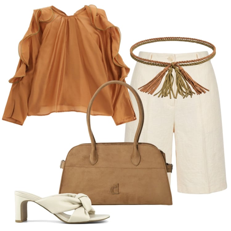 Outfit donna - Caramello e sabot. Stile Chic per Tutti i giorni. Abbinamento con camicie, cappotti, bermuda, cinture, sandali col tacco.