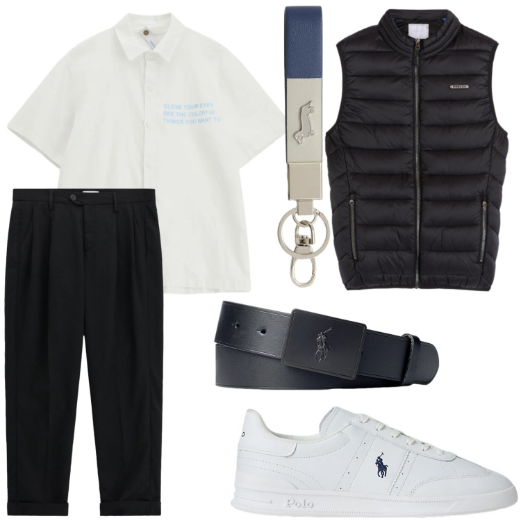 Outfit uomo - Gilet versatile. Stile Casual per Ufficio. Abbinamento con portachiavi, piumini, cinture, sneakers, camicie a manica corta, pantaloni.