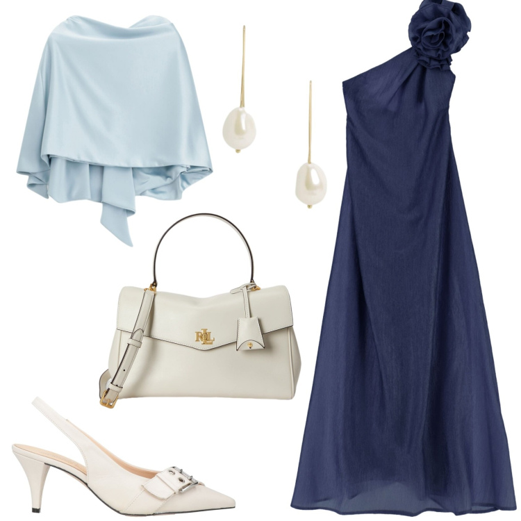 Outfit donna - Cerimonia a luglio. Stile Chic per Cerimonia. Abbinamento con décolleté, vestiti lunghi, scialli, borse a mano, orecchini.