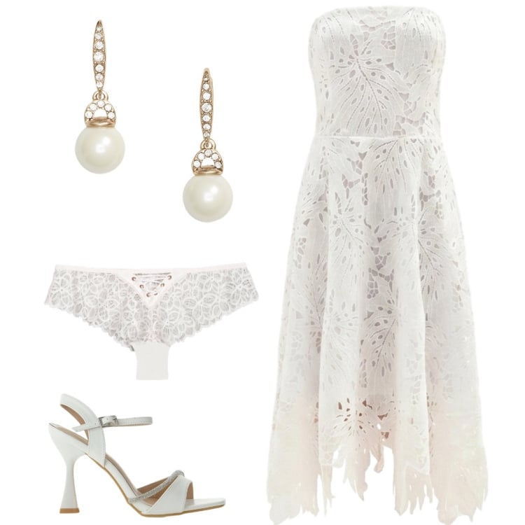 Outfit donna - Sposa di luglio. Stile Romantica per Cerimonia. Abbinamento con culotte, orecchini, vestiti asimmetrici, sandali gioiello.