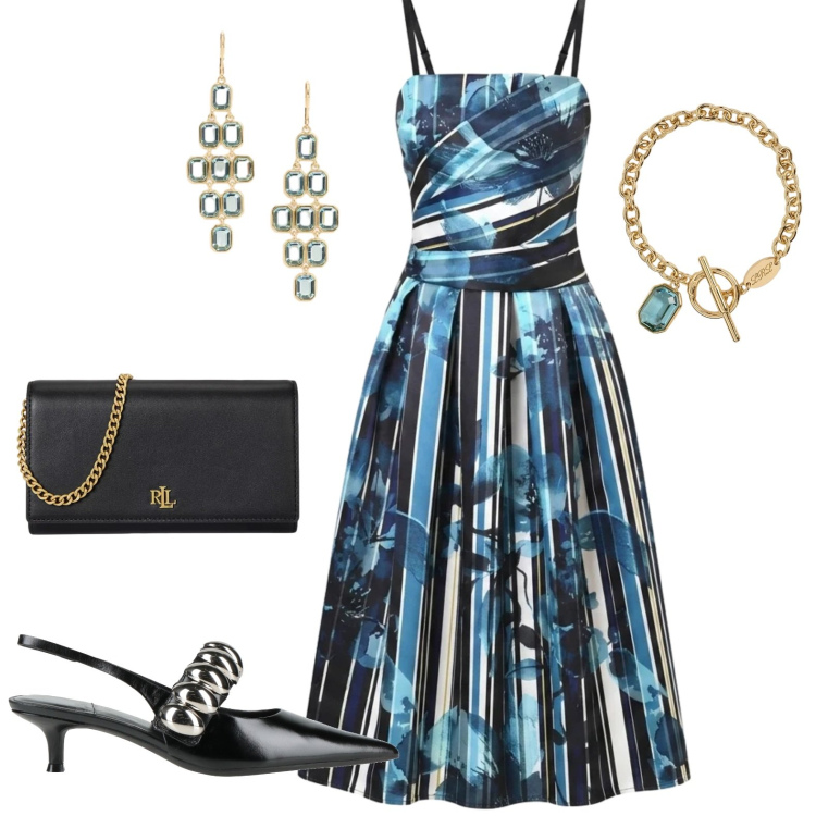 Outfit donna - serata estiva. Stile Chic per Serata fuori. Abbinamento con décolleté, vestiti midi/longuette, borse a tracolla, orecchini, braccialetti.