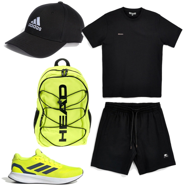 Outfit uomo - Sportivo fluo. Stile Casual per Sport. Abbinamento con cappelli con visiera, bermuda, t-shirt, borse sportive, scarpe sportive.
