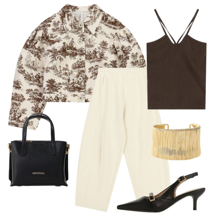 Outfit donna - Imperial summer. Stile Trendy per Serata fuori. Abbinamento con canottiere, sandali col tacco, pantaloni a palazzo, borse a tracolla, cappotti, braccialetti.