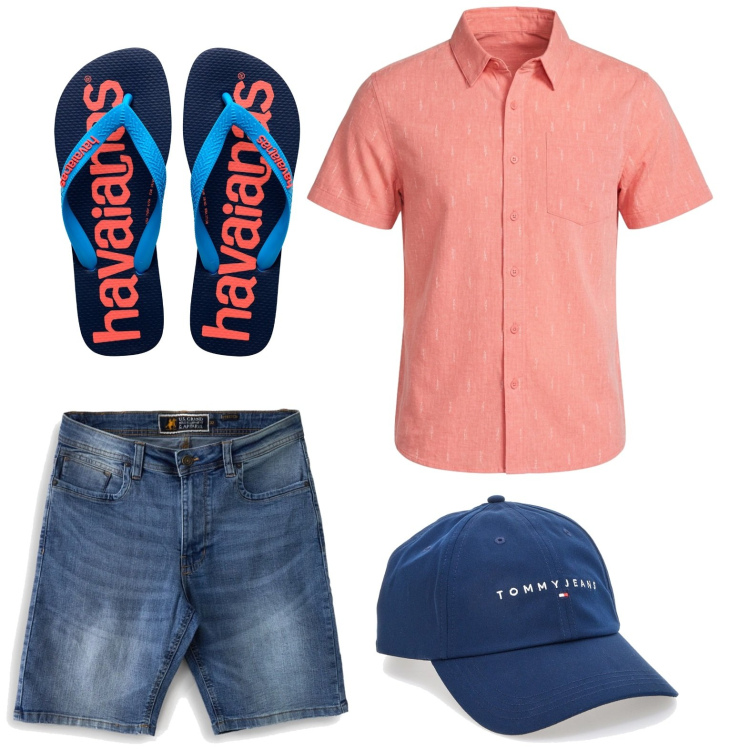 Outfit uomo - Aperitivo in spiaggia. Stile Casual per Mare. Abbinamento con sandali, cappelli con visiera, bermuda, camicie a manica corta.