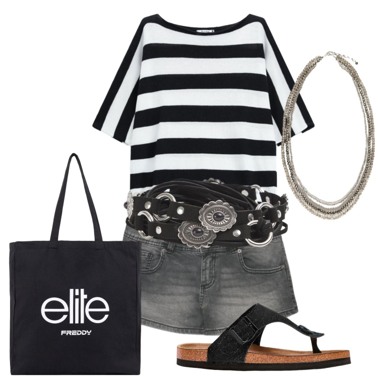 Outfit donna - Total look #2434304. Stile Casual per Tutti i giorni. Abbinamento con infradito, shorts, cinture, top, collane, shopping bag.
