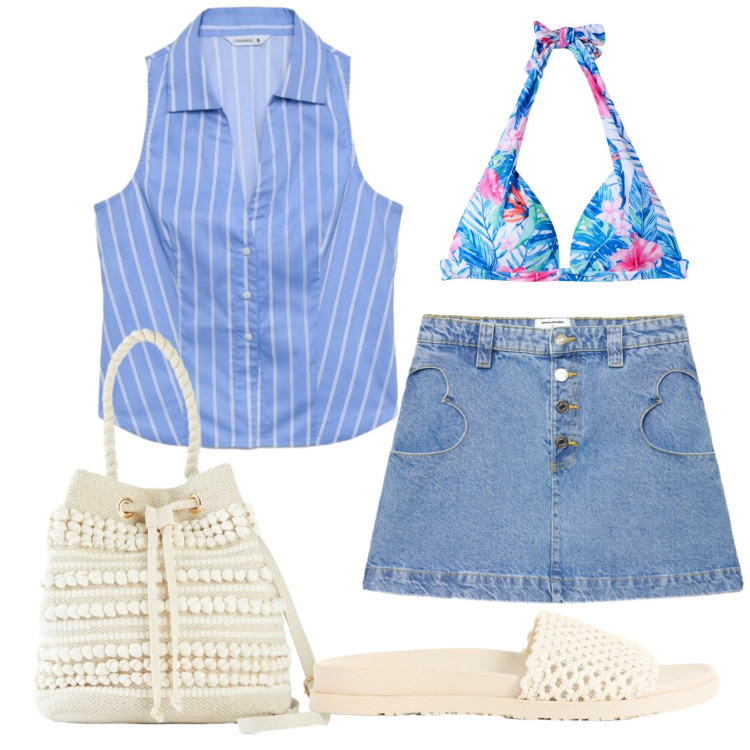 Outfit donna - Total look #2434305. Stile Basic per Mare. Abbinamento con ciabatte, borse a secchiello, bikini, minigonne, camicie a manica corta.