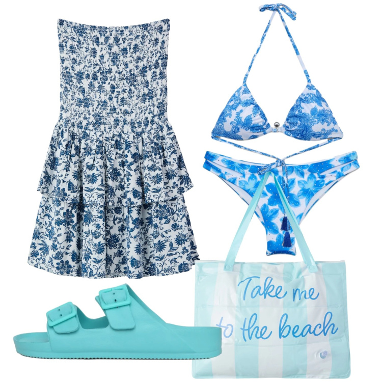 Outfit donna - Total look #2434307. Stile Romantica per Mare. Abbinamento con vestiti corti, borse tote, ciabatte, bikini, bikini.