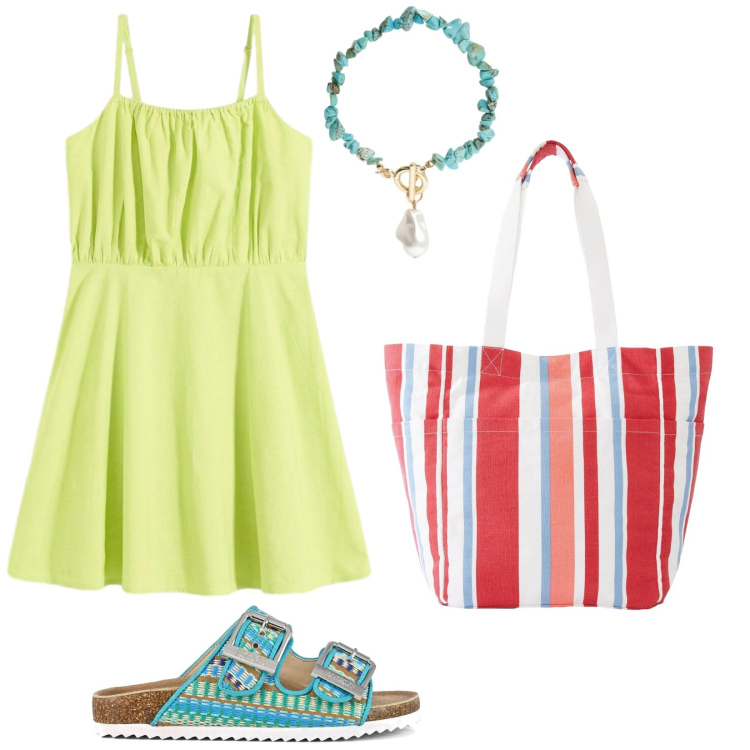 Outfit donna - Caldo caldo caldo. Stile Casual per Tutti i giorni. Abbinamento con vestiti corti, shopping bag, braccialetti, sandali.