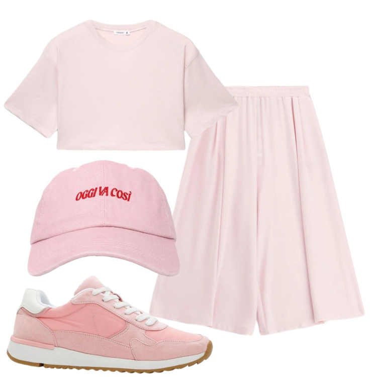 Outfit donna - Total look #2434309. Stile Sporty chic per Sport. Abbinamento con sneakers, t-shirt, cappelli con visiera, pantaloni a palazzo.