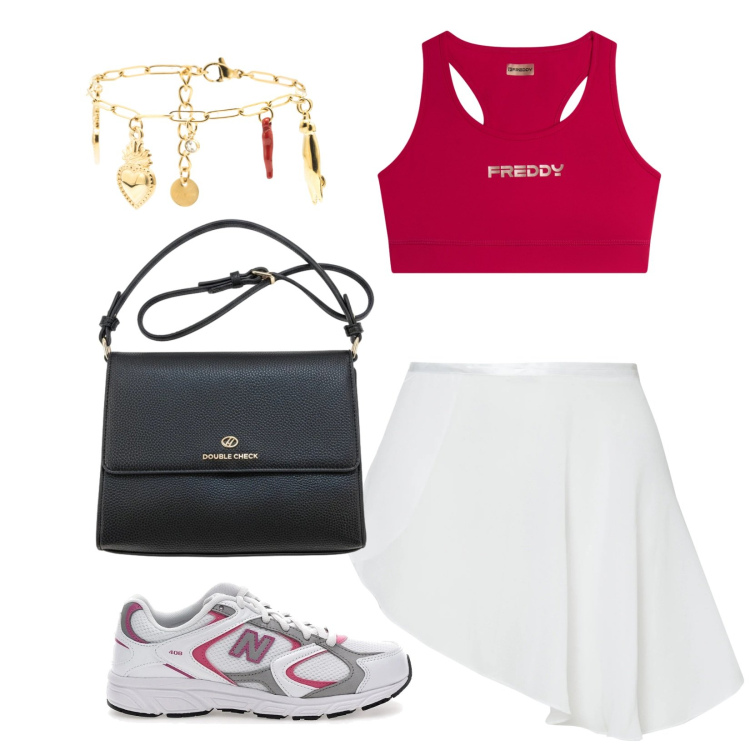 Outfit donna - Il top per l\'estate. Stile Casual per Tutti i giorni. Abbinamento con braccialetti, minigonne, top, sneakers, borse a tracolla.