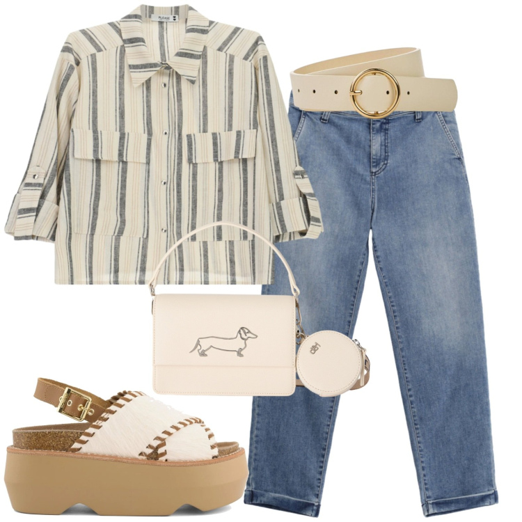 Outfit donna - Jeans. Stile Casual per Tutti i giorni. Abbinamento con cinture, camicie, jeans, borse a tracolla, zeppe.