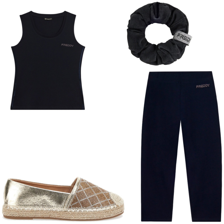 Outfit donna - Minimal chic in casa. Stile Minimal per Tutti i giorni. Abbinamento con leggings, canottiere, accessori per capelli, espadrillas.