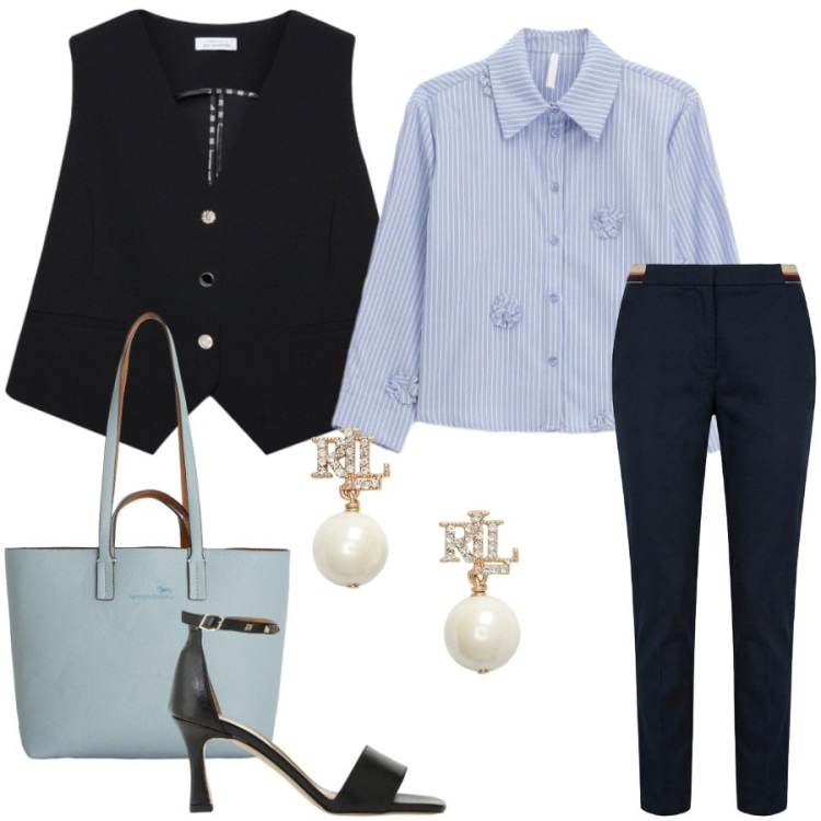 Outfit donna - Total look #2434314. Stile Casual chic per Tutti i giorni. Abbinamento con shopping bag, pantaloni chino, gilet, orecchini, camicie, sandali col tacco.