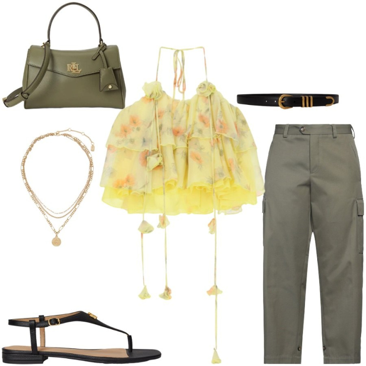 Outfit donna - Total look #2434316. Stile Casual chic per Tutti i giorni. Abbinamento con pantaloni cargo, top, sandali in pelle, borse a mano, cinture, ciondoli.