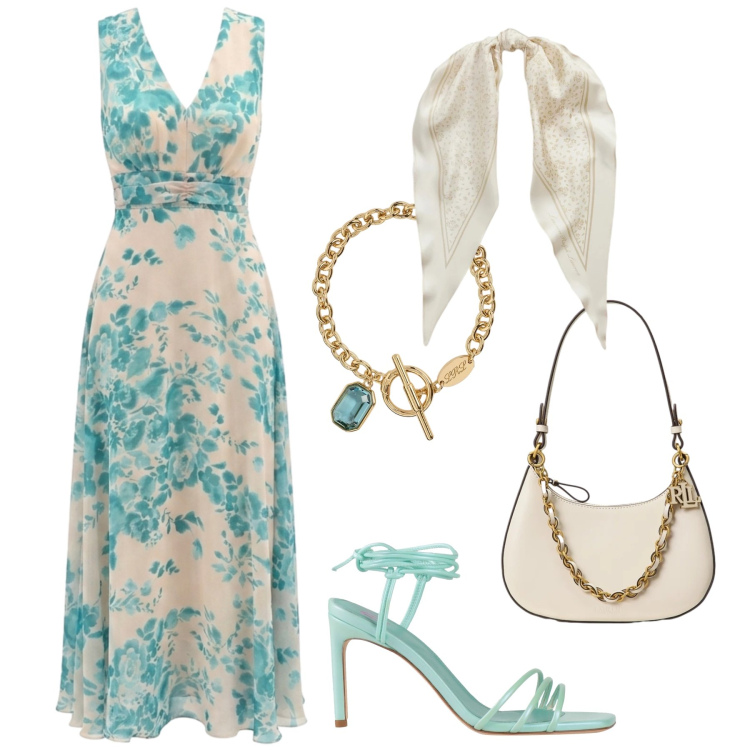 Outfit donna - Eleganza turchese. Stile Chic per Cerimonia. Abbinamento con sandali in pelle, vestiti lunghi, foulard, borse a spalla, braccialetti.