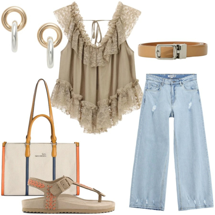 Outfit donna - Total look #2434318. Stile Casual chic per Tutti i giorni. Abbinamento con borse tote, orecchini, jeans, top, cinture, infradito.