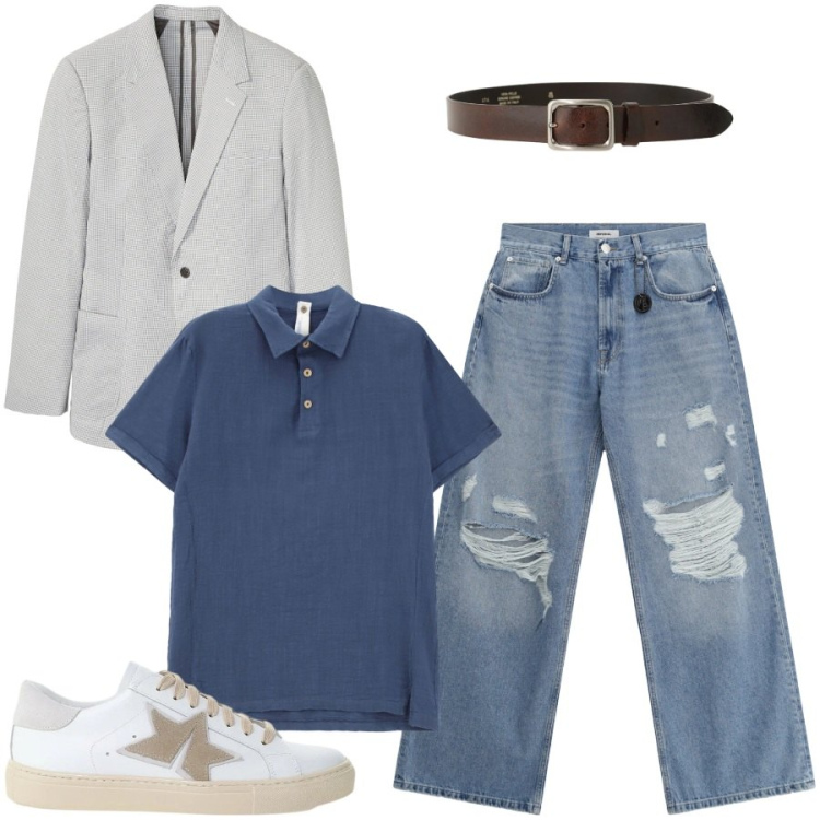 Outfit uomo - Total look #2434322. Stile Casual per Tutti i giorni. Abbinamento con giacche, jeans strappati, polo, sneakers, cinture.