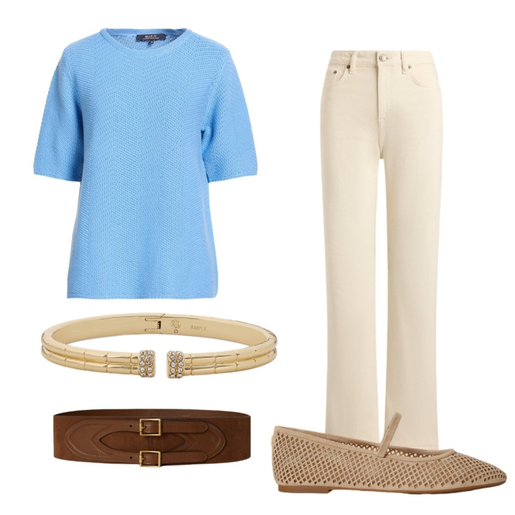 Outfit donna - Pullover curvy. Stile Bon Ton per Tutti i giorni. Abbinamento con pullovers, ballerine, braccialetti, cinture, jeans dritti.