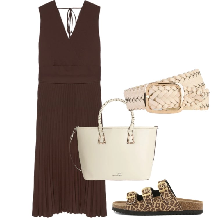 Outfit donna - Semplicemente cacao. Stile Bon Ton per Tutti i giorni. Abbinamento con cinture, shopping bag, vestiti midi/longuette, ciabatte.