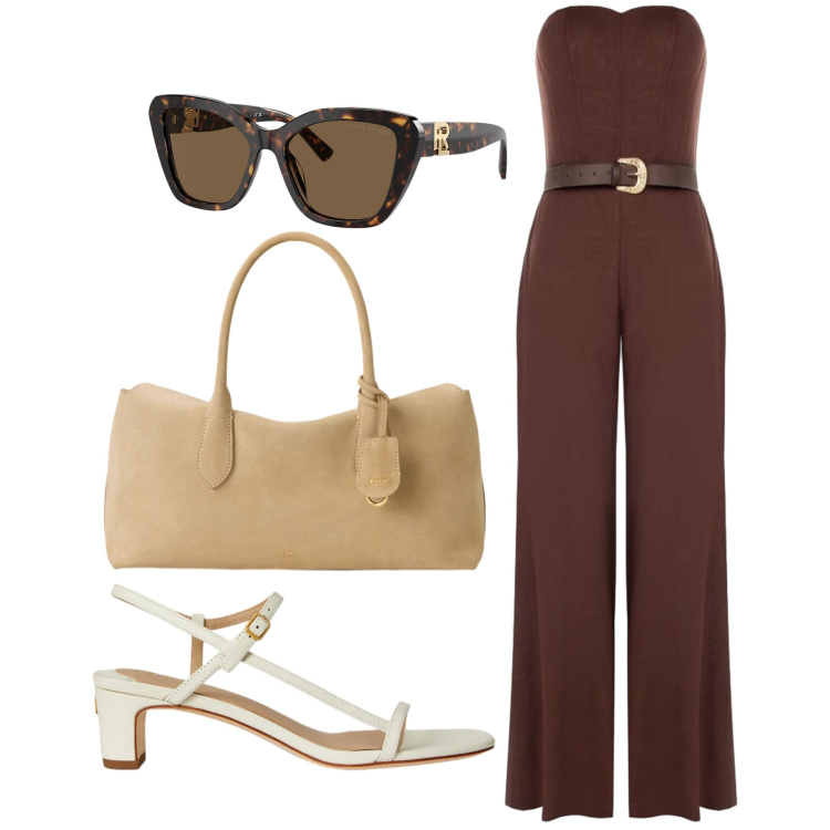 Outfit donna - Stile ricercato e femminile. Stile Chic per Cerimonia. Abbinamento con tute, sandali in pelle, occhiali da sole, borse a mano.