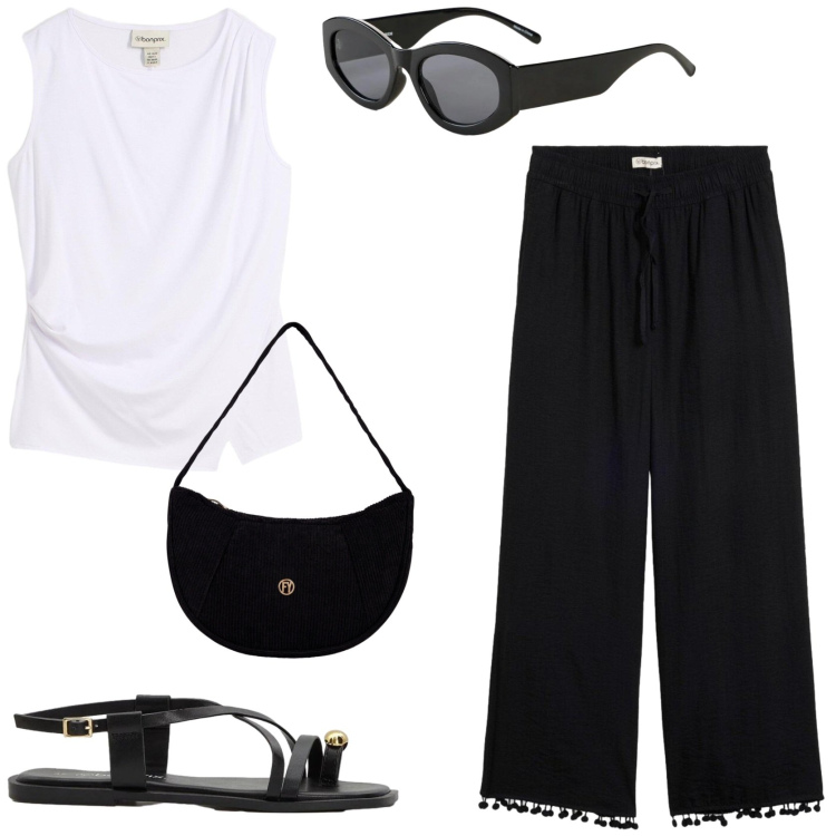 Outfit donna - BASIC chic. Stile Minimal per Tutti i giorni. Abbinamento con pantaloni, top, sandali, occhiali da sole, borse a mano.