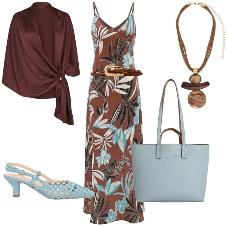 Outfit donna - In lungo giorno e sera. Stile Romantica per Serata fuori. Abbinamento con décolleté, cinture, shopping bag, ciondoli, vestiti lunghi, stole.