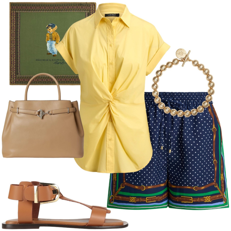 Outfit donna - Casual chic. Stile Casual chic per Tutti i giorni. Abbinamento con sandali alla schiava, braccialetti, camicie a manica corta, borse a mano, foulard, shorts.