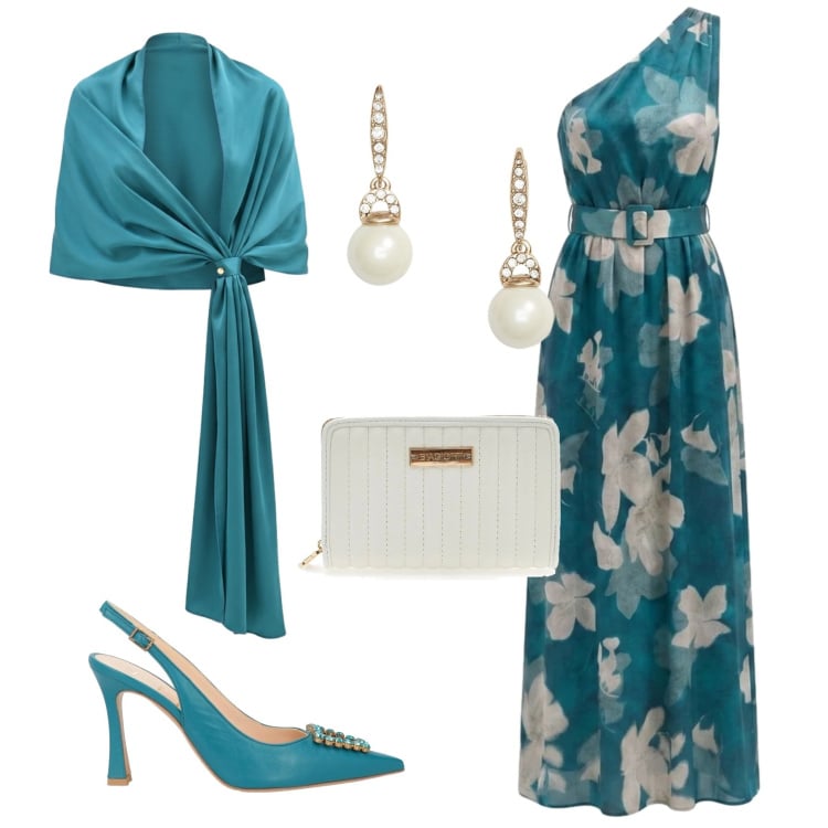 Outfit donna - Matrimonio in lungo. Stile Chic per Cerimonia. Abbinamento con décolleté, vestiti lunghi, stole, orecchini, portafogli.