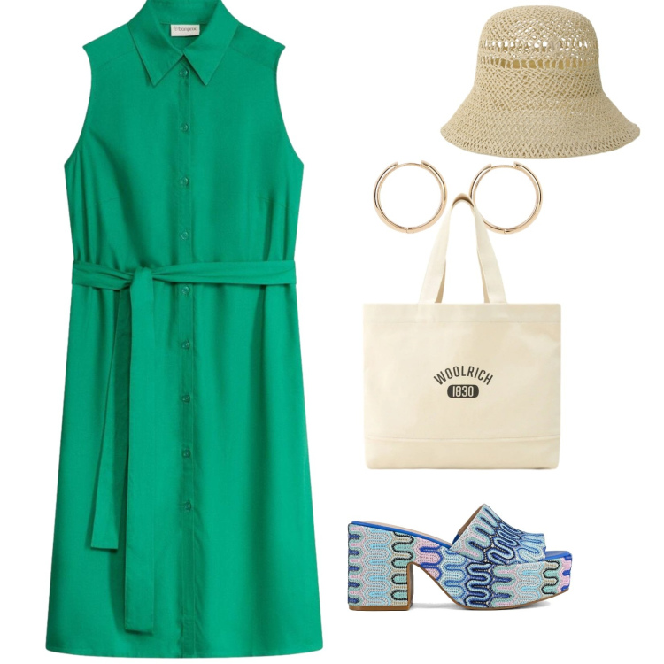 Outfit donna - Focus curvy. per Mare. Abbinamento con vestiti chemisier, orecchini, cappelli, borse tote, sabot.