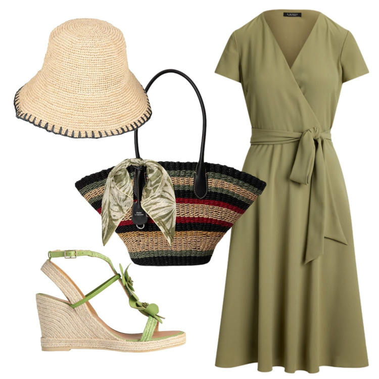 Outfit donna - Estate in libertà. Stile Casual chic per Tutti i giorni. Abbinamento con cappelli con visiera, espadrillas, borse tote, foulard, vestiti.