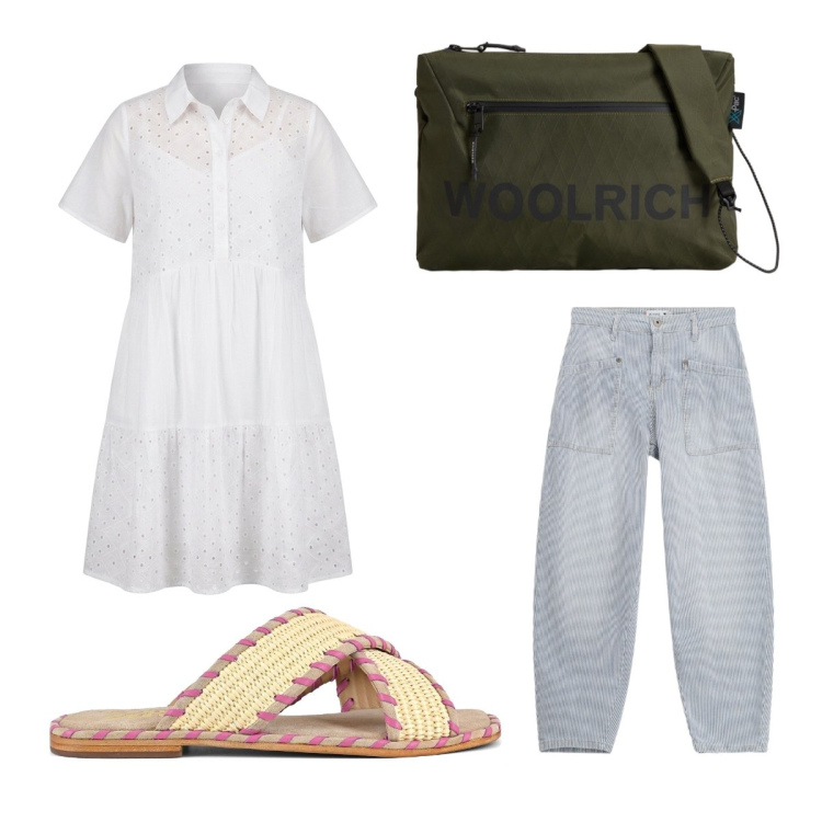 Outfit donna - Ufficio luglio. Stile Glamour per Ufficio. Abbinamento con jeans, vestiti corti, borse a tracolla, ciabatte.