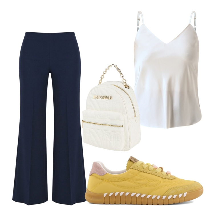 Outfit donna - Leggera ed elegante. Stile Sporty chic per Ufficio. Abbinamento con zaini, top, pantaloni a palazzo, sneakers.