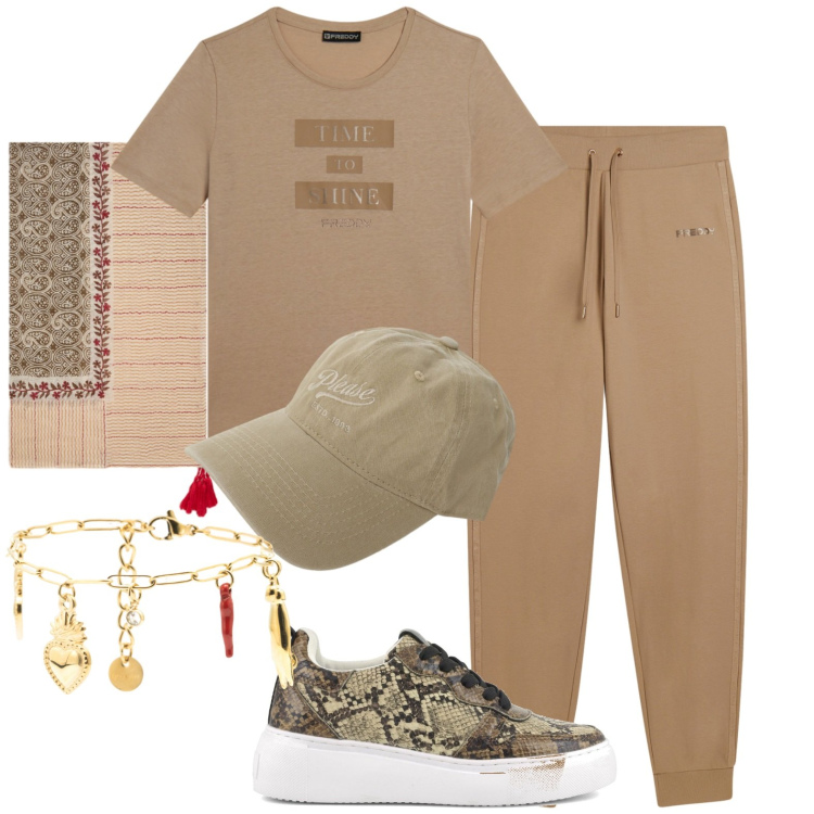 Outfit donna - Sportiva. Stile Casual per Tutti i giorni. Abbinamento con cappelli, sciarpe, pantaloni, t-shirt, braccialetti, sneakers.