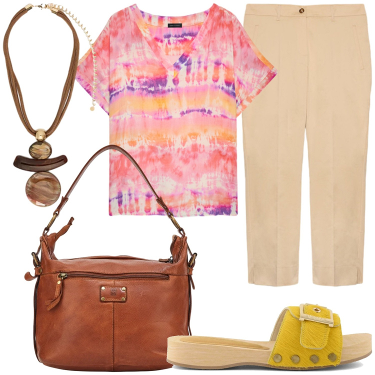 Outfit donna - Look fresco per l\'estate. Stile Casual chic per Tutti i giorni. Abbinamento con bluse, pantaloni, ciondoli, ciabatte, borse a spalla.