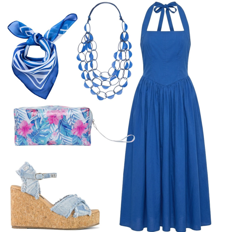 Outfit donna - Total look #2434350. Stile Casual per Tutti i giorni. Abbinamento con foulard, vestiti lunghi, valigie, collane, zeppe.