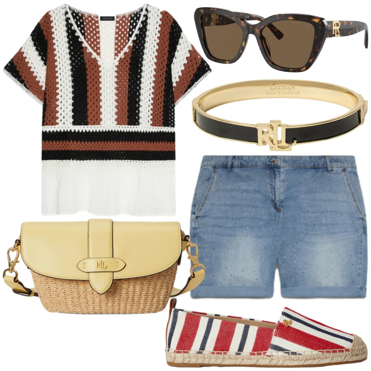 Outfit donna - Colorful Summer. Stile Casual chic per Tutti i giorni. Abbinamento con t-shirt, shorts, occhiali da sole, braccialetti, espadrillas, borse a tracolla.